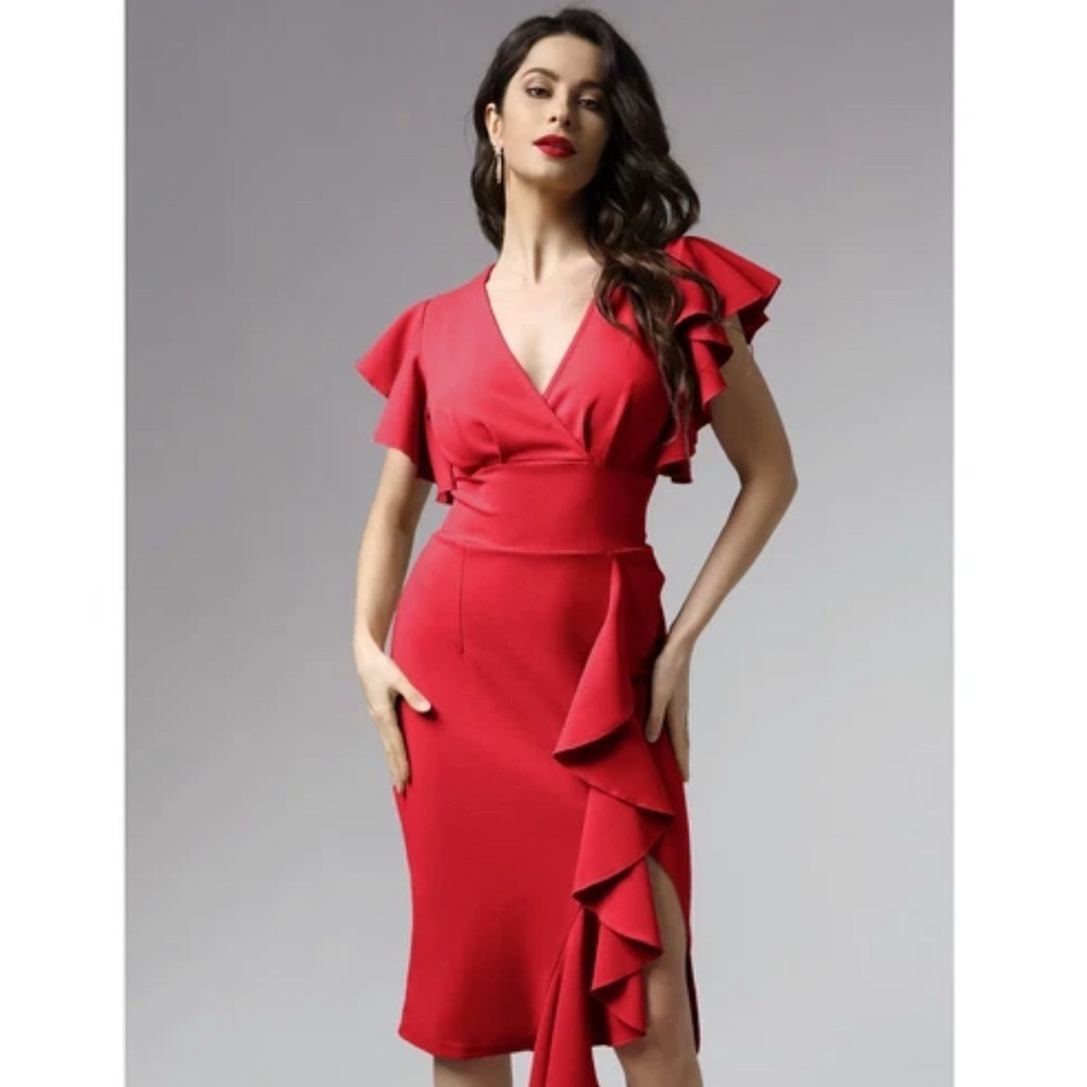 Knitee Women's M Medium Faux Wrap Dress Midi Ruffled V-Neckline Red Sexy